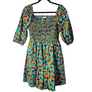 New Melloday Floral Navy Green Smocked Dress Size M